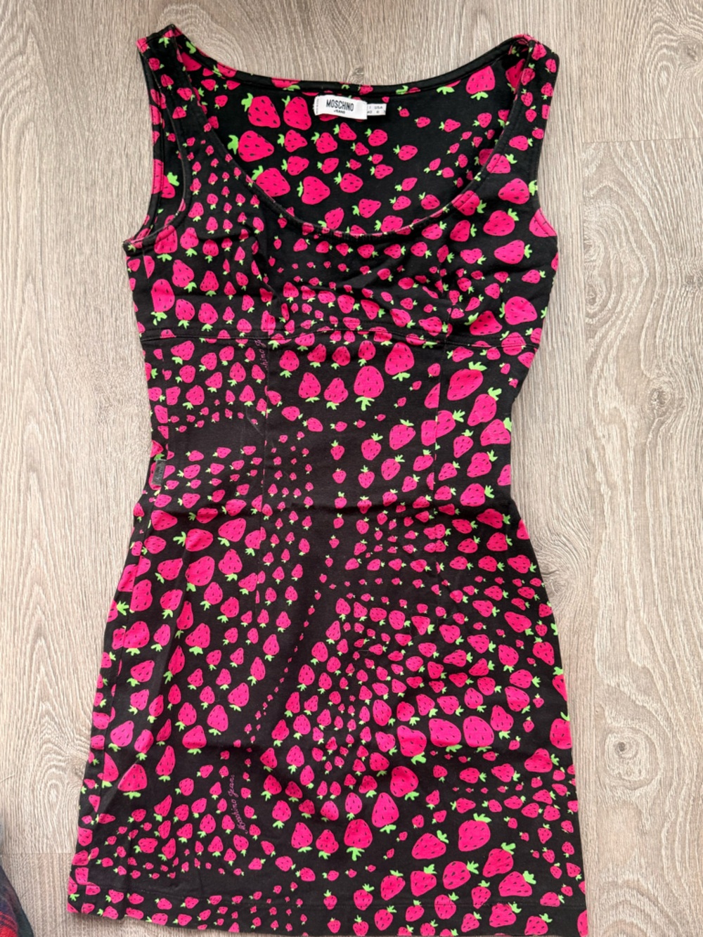 VINTAGE Moschino Jeans Black Denim Dress with Pink Strawberry Print